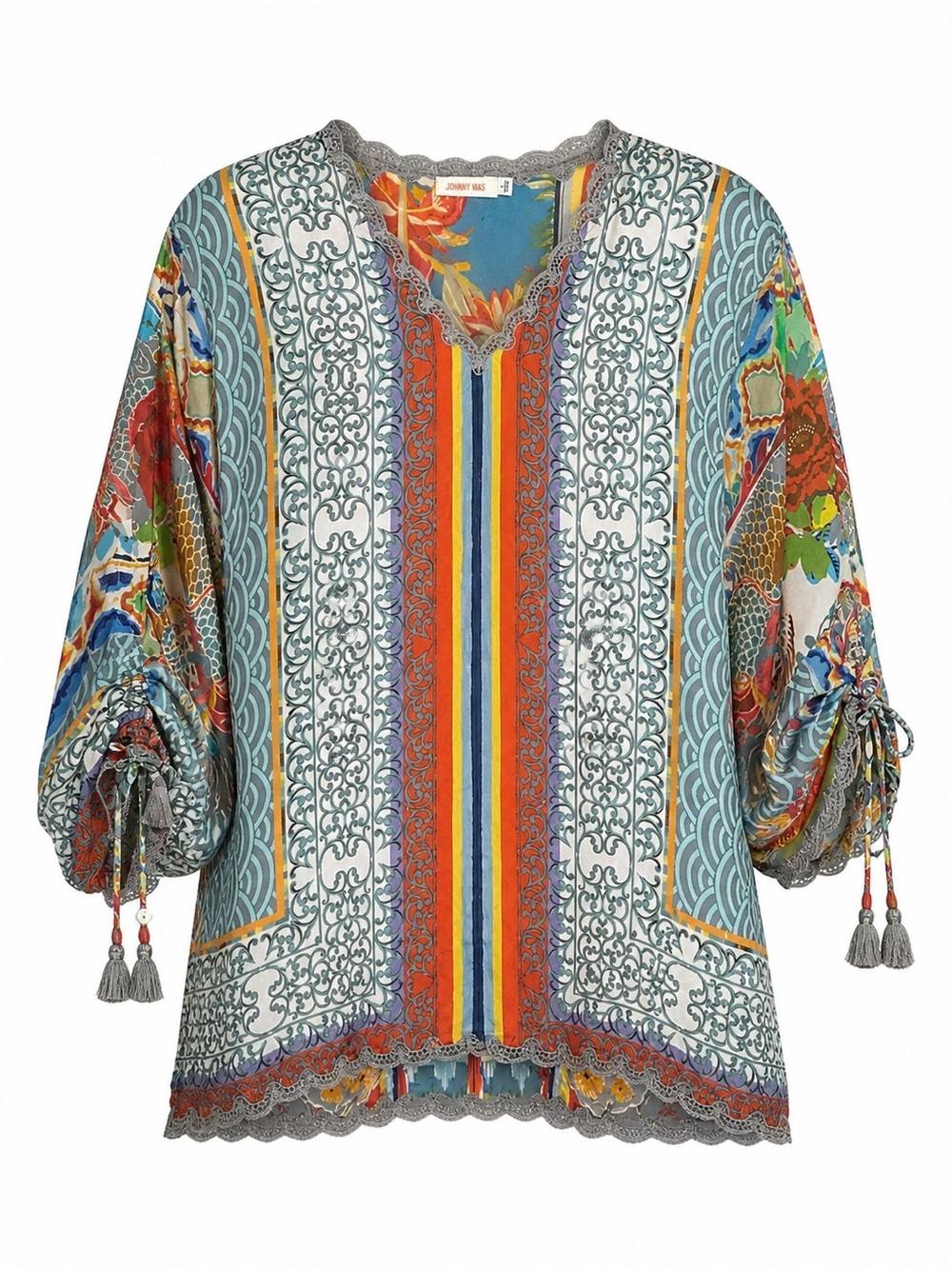 Johnny Was 100% Silk Patchwork Scarf Print Tassel Blouse Small